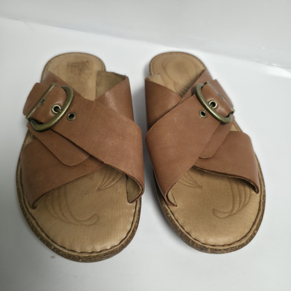 Born Rio Leather Slides Sandals Womens Tan Brown Crisscross Buckle Slip On Clog